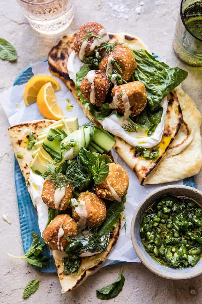 Sesame Falafel with Ginger Tahini and Jalapenฬo Sauce | halfbakedharvest.com #greek #healthy #recipes