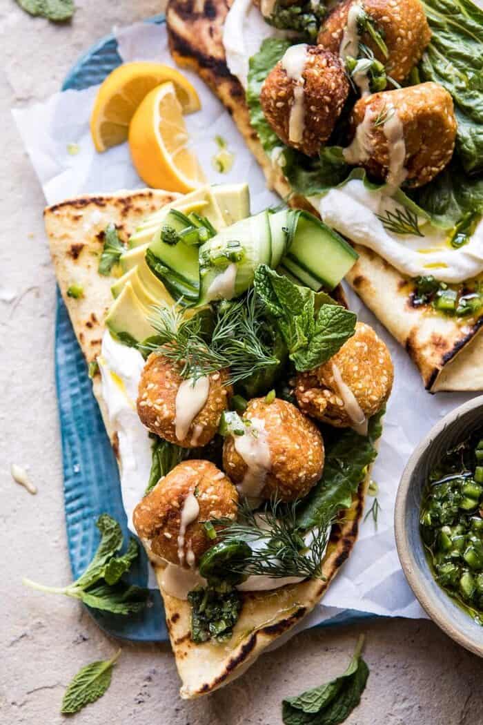 Sesame Falafel with Ginger Tahini and Jalapeño Sauce | halfbakedharvest.com #greek #healthy #recipes
