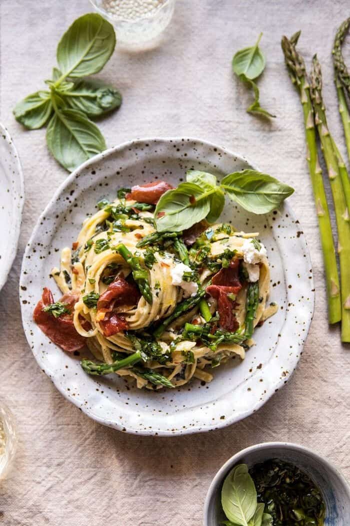 Spicy Pesto, Asparagus, and Ricotta Pasta with Crispy Prosciutto | halfbakedharvest.com #pasta #recipes #quick