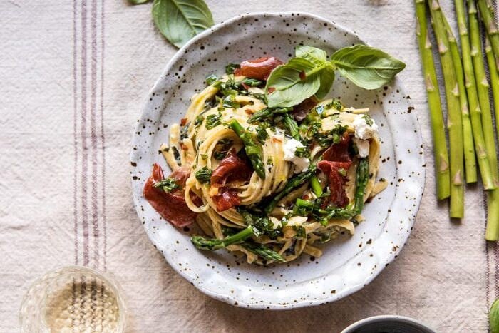 Spicy Pesto, Asparagus, and Ricotta Pasta with Crispy Prosciutto | halfbakedharvest.com #pasta #recipes #quick