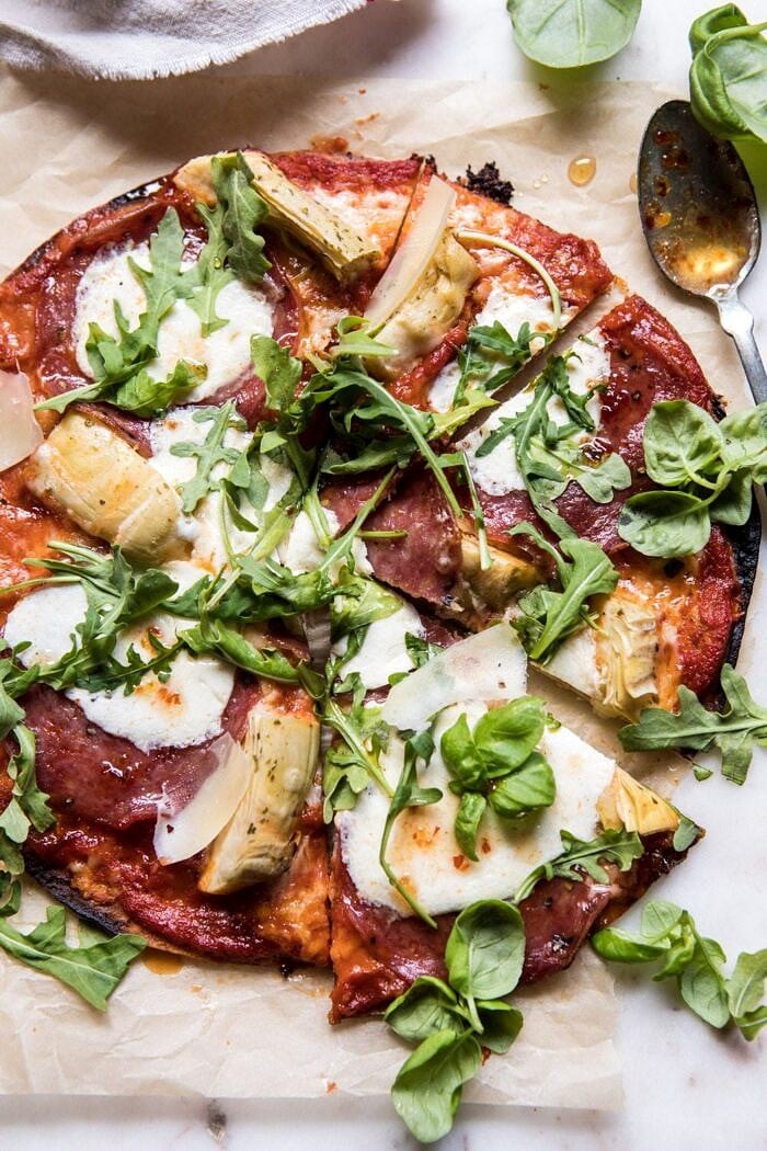 15 Minute Thin Crust Pizza with Arugula and Hot Honey | halfbakedharvest.com #pizza #quick #easy #recipe