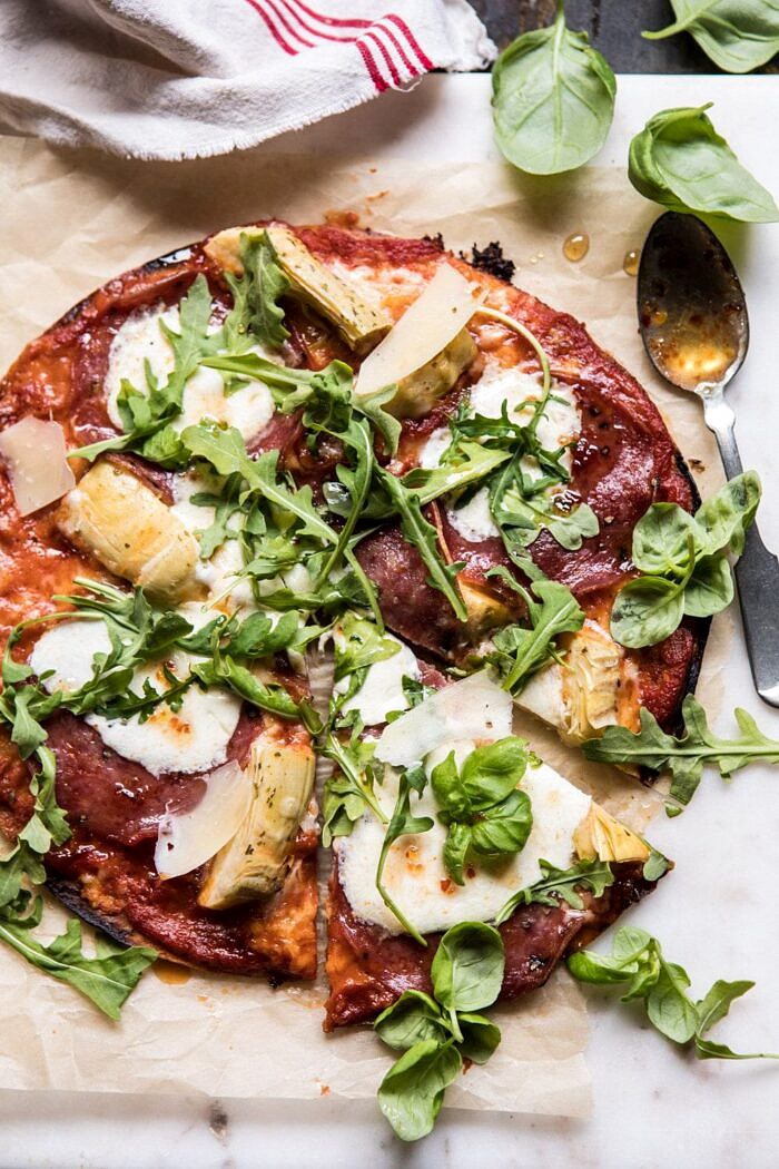 15 Minute Thin Crust Pizza with Arugula and Hot Honey | halfbakedharvest.com #pizza #quick #easy #recipe