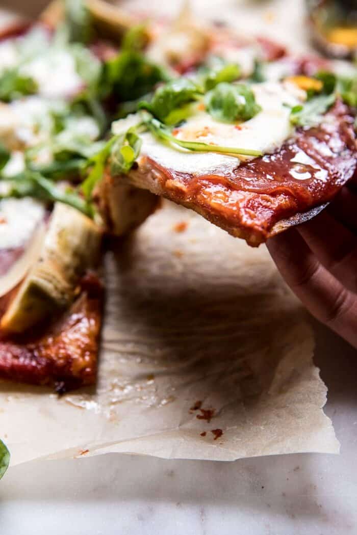 15 Minute Thin Crust Pizza with Arugula and Hot Honey | halfbakedharvest.com #pizza #quick #easy #recipe