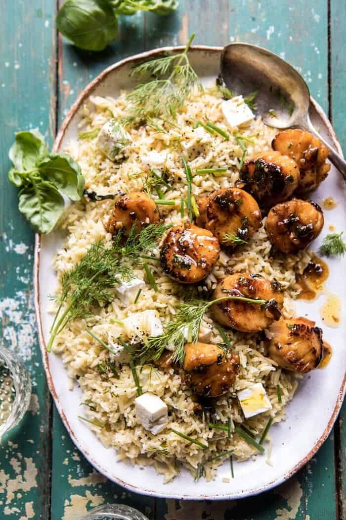 20 Minute Honey Garlic Butter Scallops and Orzo | halfbakedharvest.com #quick #easy #spring #recipes