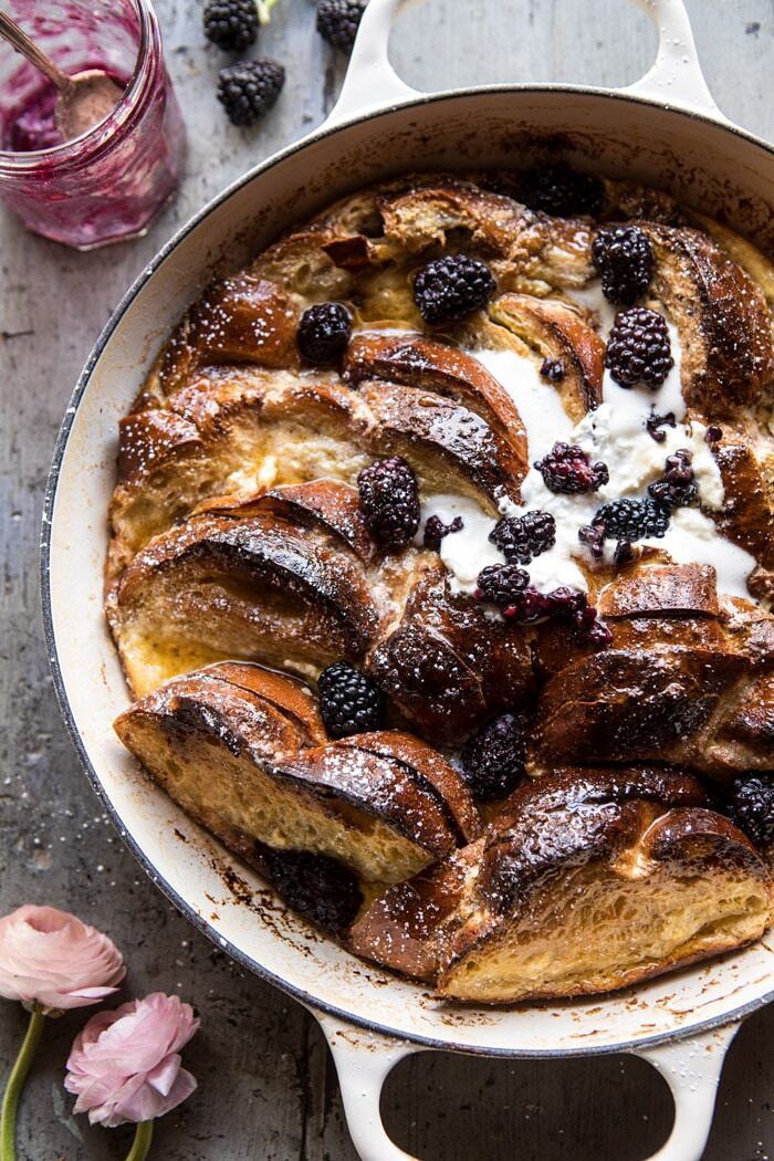 Baked Blackberry Ricotta French Toast | halfbakedharvest.com #breakfast #brunch #easy #recipes overheat close up photo of Baked Blackberry Ricotta French Toast