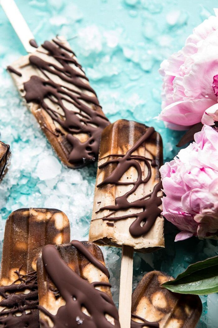 Chocolate Coconut Latte Fudge Popsicles | halfbakedharvest.com #icecream #popsicle #chocolate #healthy angled photo of Chocolate Coconut Latte Fudge Popsicles close up