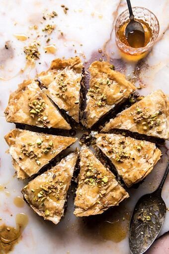 Easy Pistachio Chocolate Baklava | halfbakedharvest.com #greek #easydessert #chocolate
