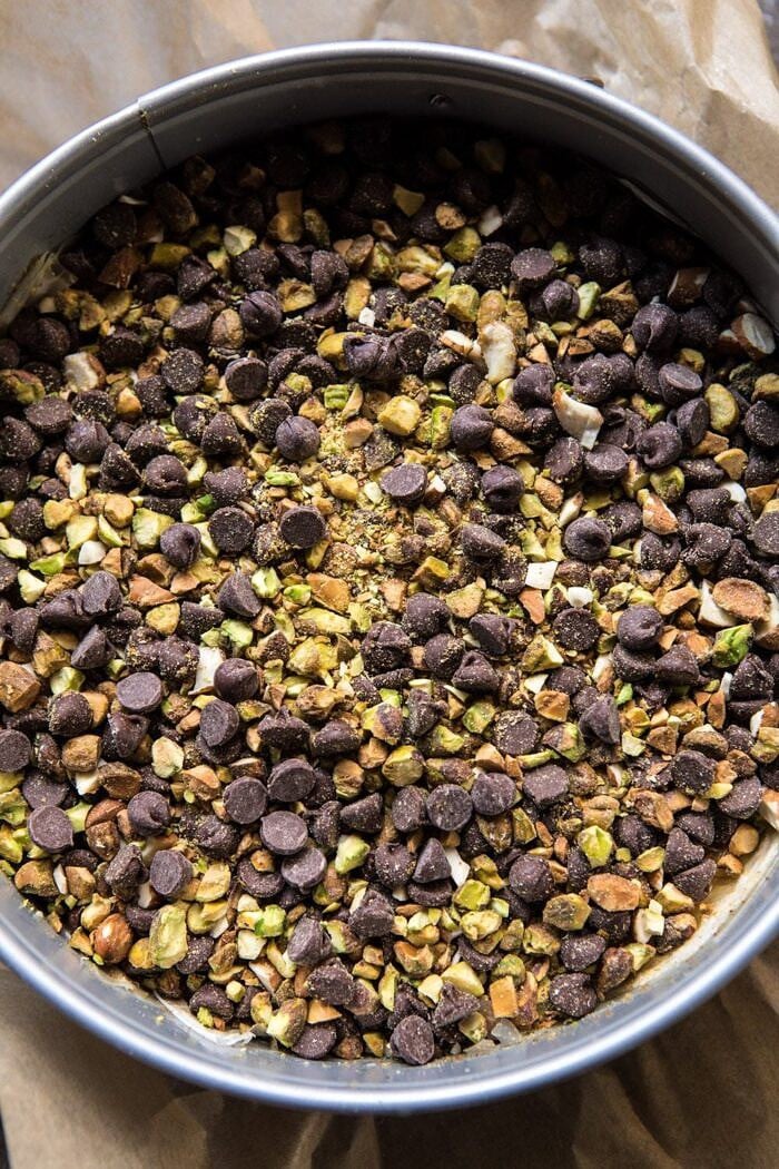 Easy Pistachio Chocolate Baklava | halfbakedharvest.com #greek #easydessert #chocolate prep photo of nuts and chocolate mix for Easy Pistachio Chocolate Baklava