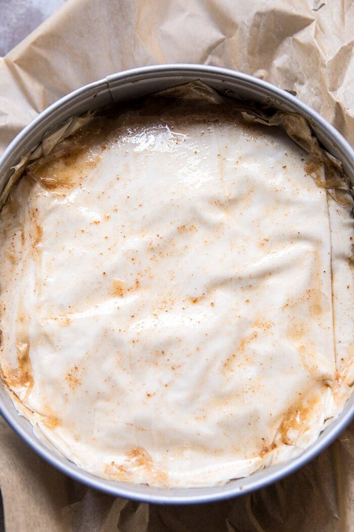 Easy Pistachio Chocolate Baklava | halfbakedharvest.com #greek #easydessert #chocolate prep photo of Easy Pistachio Chocolate Baklava before baking
