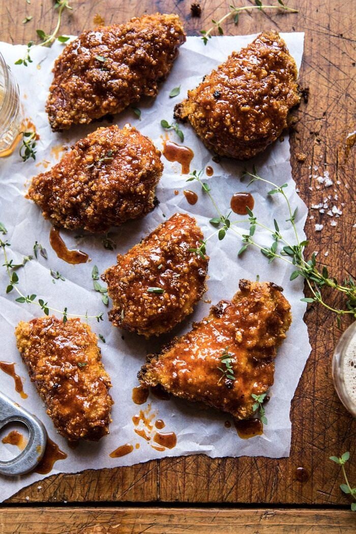 Oven Fried Southern Hot Honey Chicken | halfbakedharvest.com #chicken #healthy #recipes #easy overhead photo Oven Fried Southern Hot Honey Chicken