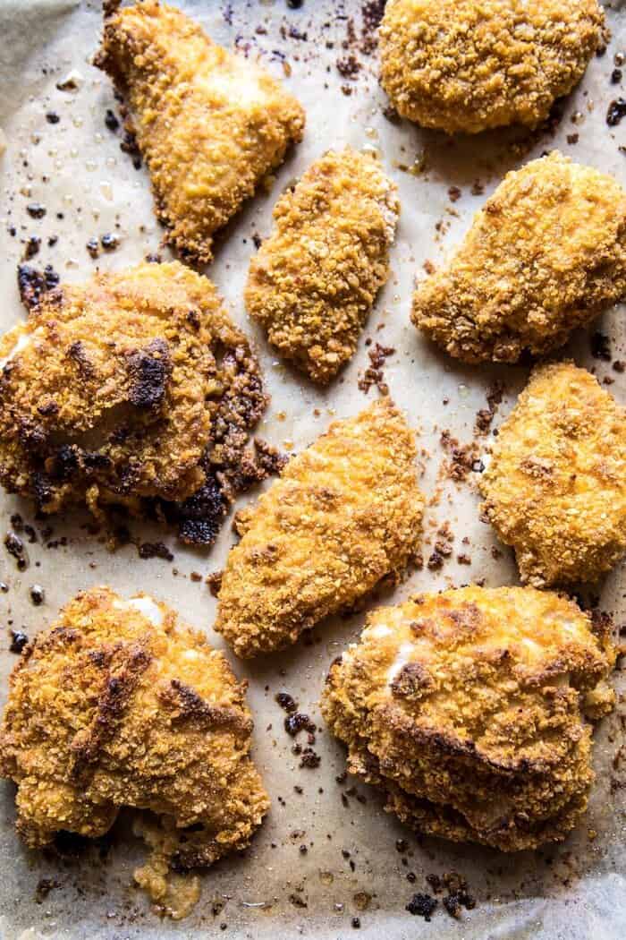 Oven Fried Southern Hot Honey Chicken | halfbakedharvest.com #chicken #healthy #recipes #easy overhead photo of Oven Fried chicken before adding sauce