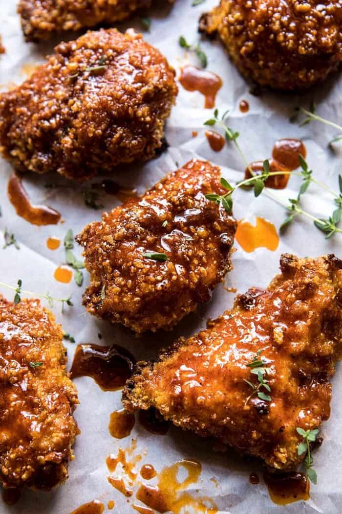 Oven Fried Southern Hot Honey Chicken | halfbakedharvest.com #chicken #healthy #recipes #easy close up photo of Oven Fried Southern Hot Honey Chicken