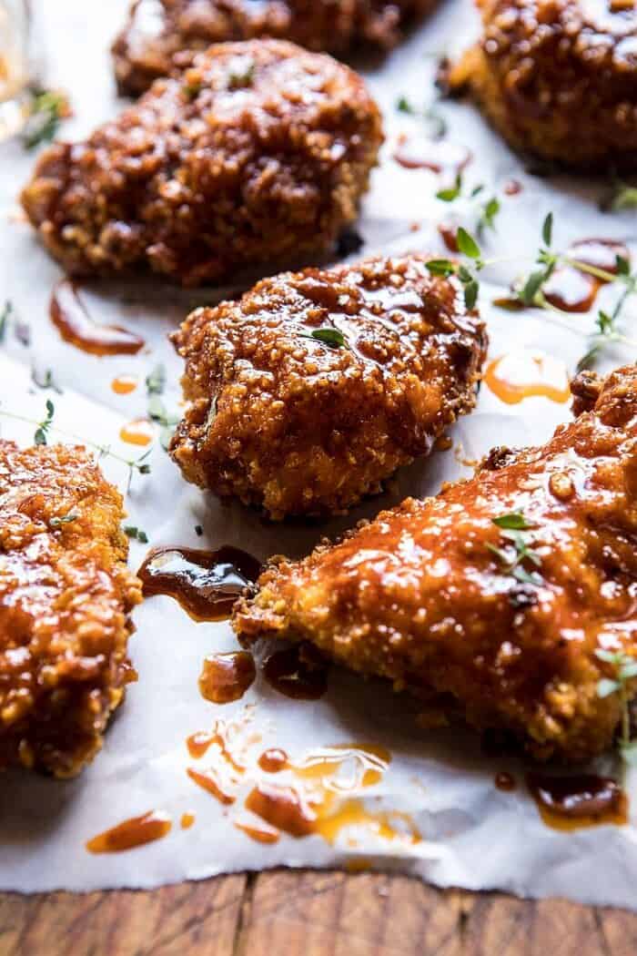 Oven Fried Southern Hot Honey Chicken | halfbakedharvest.com #chicken #healthy #recipes #easy side angle photo of Oven Fried Southern Hot Honey Chicken