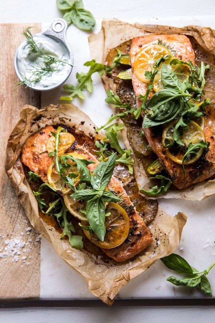 Parchment Baked Lemon Salmon and Potatoes with Dill Yogurt | halfbakedharvest.com #healthy #recipe #salmon #easyrecipe overhead photo of Parchment Baked Lemon Salmon and Potatoes with Dill Yogurt