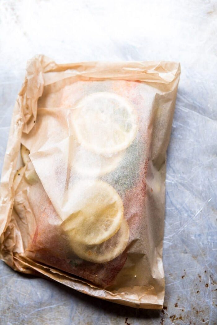 Parchment Baked Lemon Salmon and Potatoes with Dill Yogurt | halfbakedharvest.com #healthy #recipe #salmon #easyrecipe prep photo of Parchment Baked Lemon Salmon and Potatoes