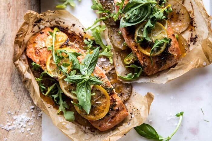 Parchment Baked Lemon Salmon and Potatoes with Dill Yogurt | halfbakedharvest.com #healthy #recipe #salmon #easyrecipe horizontal photo Parchment Baked Lemon Salmon and Potatoes with Dill Yogurt
