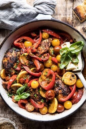 Skillet Lemon Pepper Chicken and Garden Veggies with Feta and Basil | halfbakedharvest.com #chicken #easyrecipes #summer