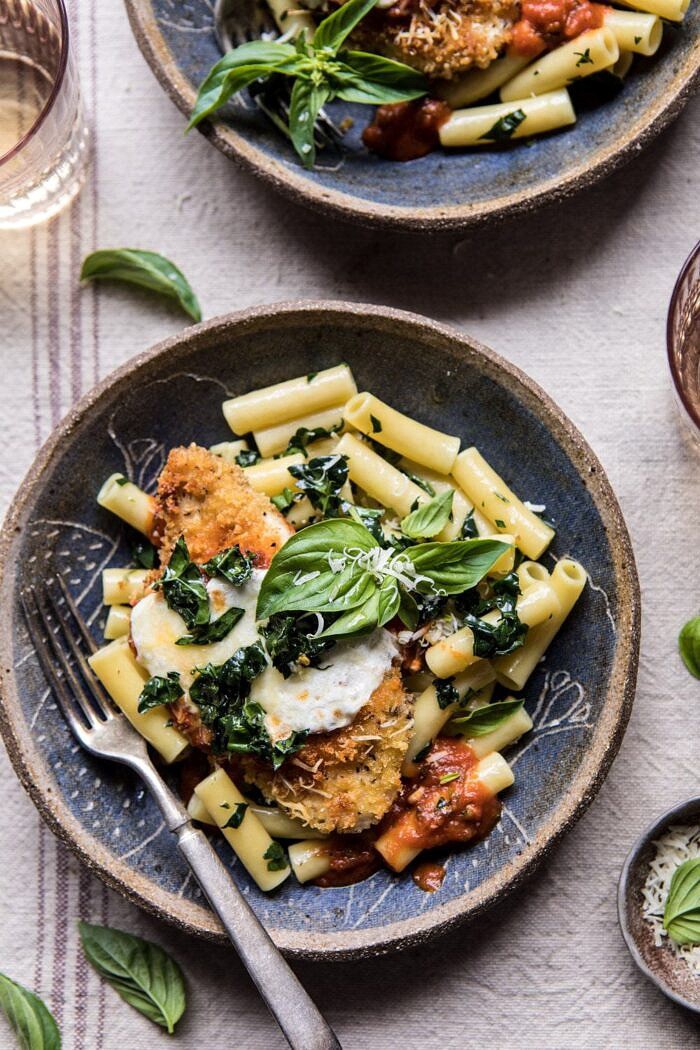 Spring Chicken Parmesan with Tuscan Kale Pesto | halfbakedharvest.com #chicken #recipe #healthy close up overhead photo of Spring Chicken Parmesan with Tuscan Kale Pesto