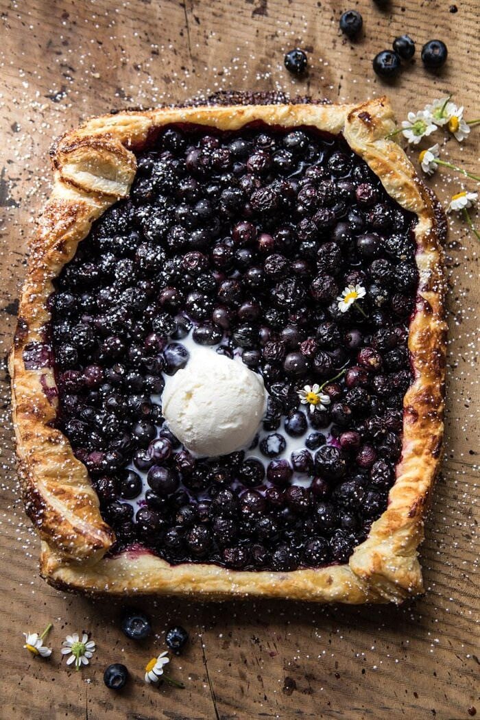 Blueberry Chamomile Galette | halfbakedharvest.com #blueberries #summer #easyrecipes overhead photo of Blueberry Chamomile Galette