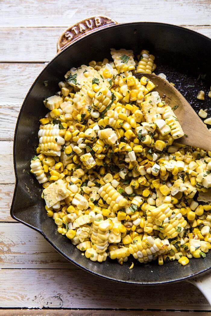 overhead photo Corn, Bacon, and Avocado Salad in skillet