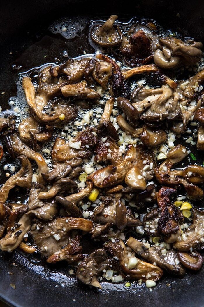 Buttery Mushroom and Clam Pasta | halfbakedharvest.com #pasta #easyrecipe #summerrecipes overhead photo of Buttery Mushrooms