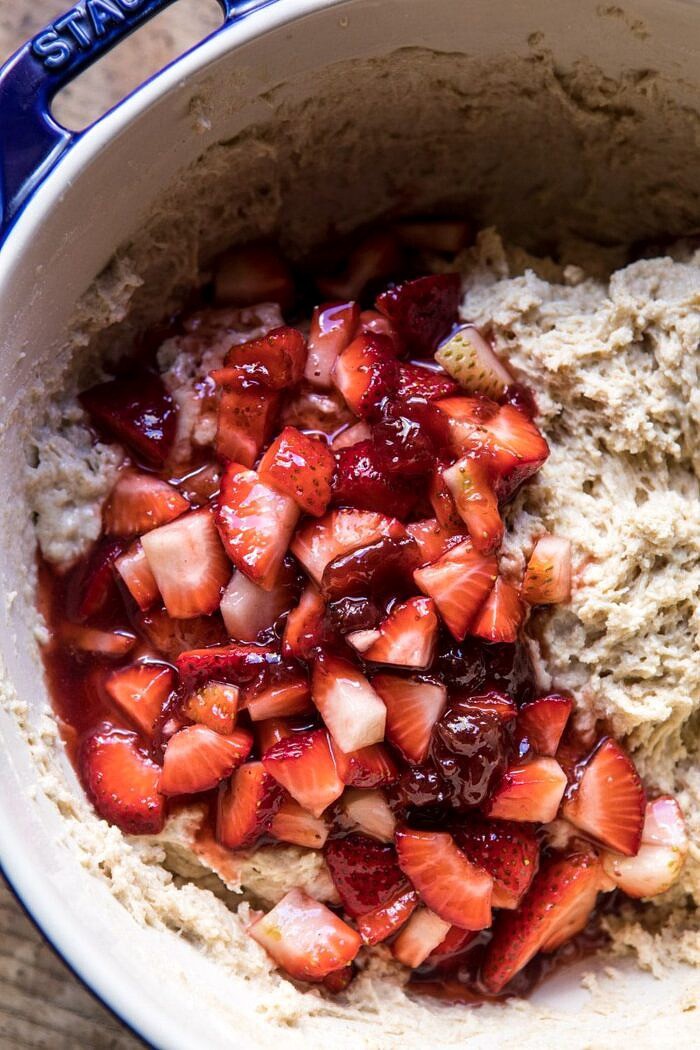 Honey Strawberry Muffins | halfbakedharvest.com #breakfast #summerrecipes #strawberries #muffins photo of Honey Strawberry Muffin batter