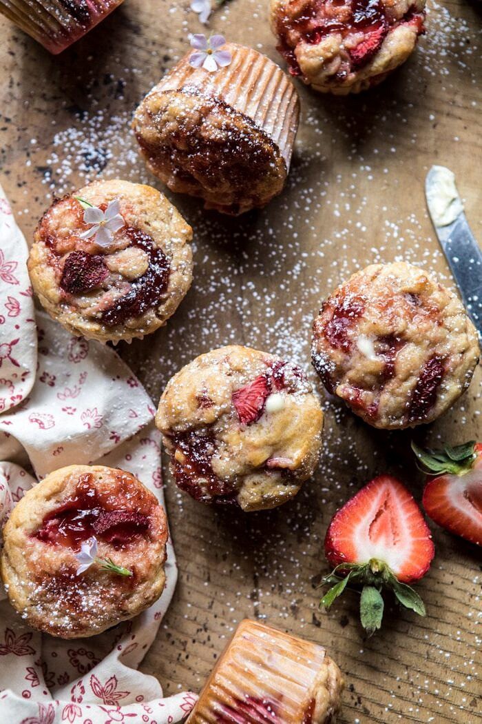 Honey Strawberry Muffins | halfbakedharvest.com #breakfast #summerrecipes #strawberries #muffins close up overhead photo of Honey Strawberry Muffins