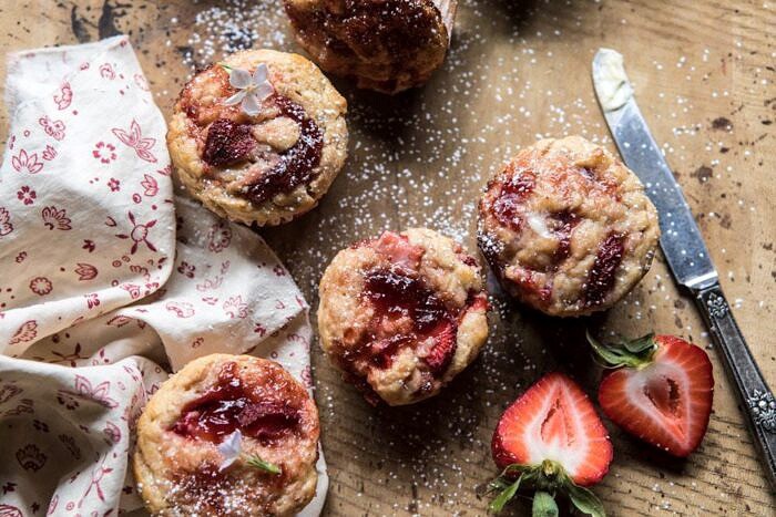 Honey Strawberry Muffins | halfbakedharvest.com #breakfast #summerrecipes #strawberries #muffins overhead horizontal photo of Honey Strawberry Muffins