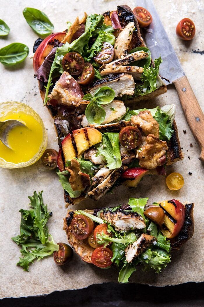 overhead cut into photo of Open Faced Rosemary Chicken, Peach, and Bacon Sandwich 