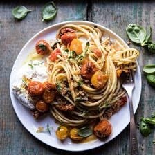 Skillet Burst Cherry Tomato Summer Pasta with Lemony Breadcrumbs | halfbakedharvest.com #pasta #tomatoes #burrata #summerrecipes
