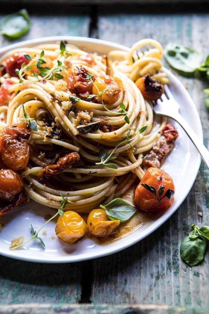 close up side angled photo of Skillet Burst Cherry Tomato Summer Pasta with Lemony Breadcrumbs 