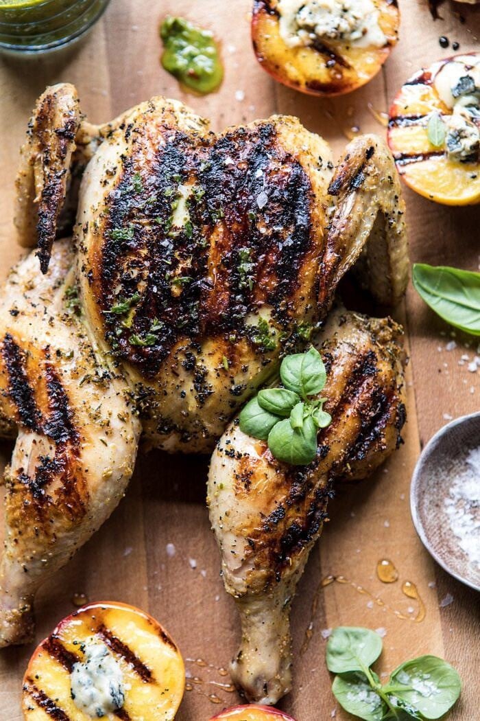 Whole Grilled Chicken with Peaches and Basil Vinaigrette | halfbakedharvest.com #chicken #easy #grilling #summer