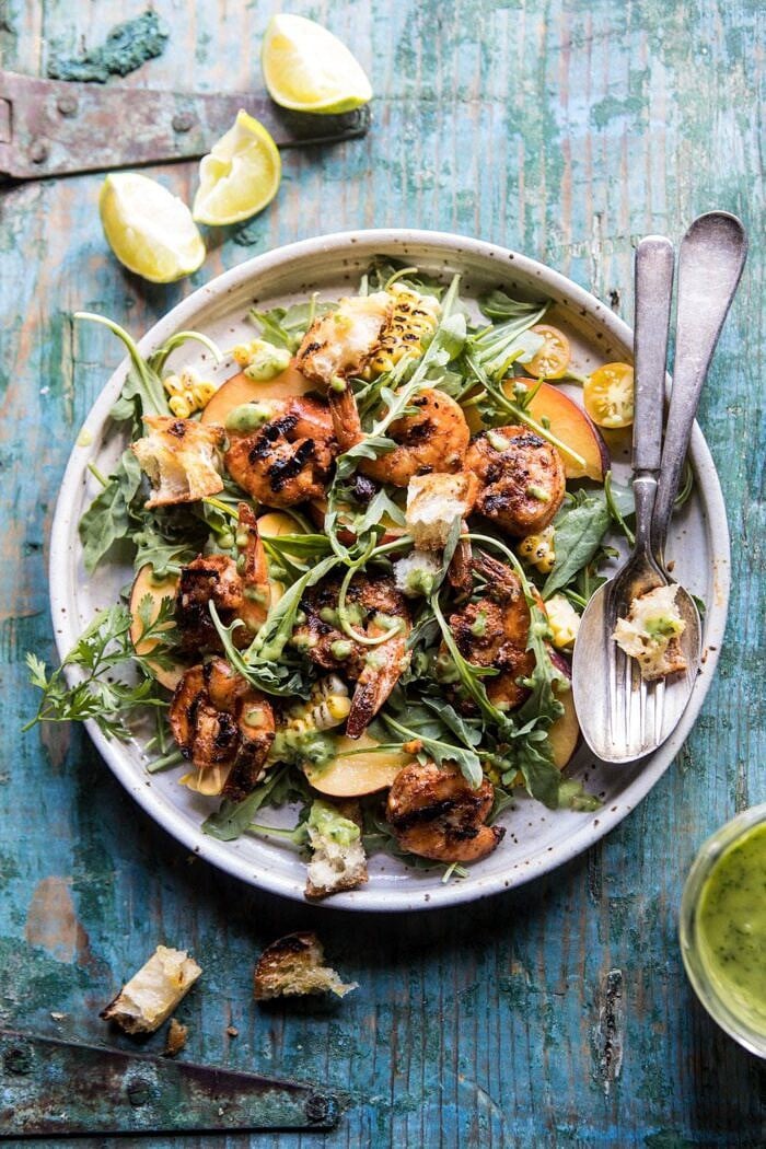 Zesty Grilled Shrimp, Bread and Sweet Peach Salad with Avocado Vinaigrette | halfbakedharvest.com #salad #shrimp #healthyrecipes #summerrecipes #grilling