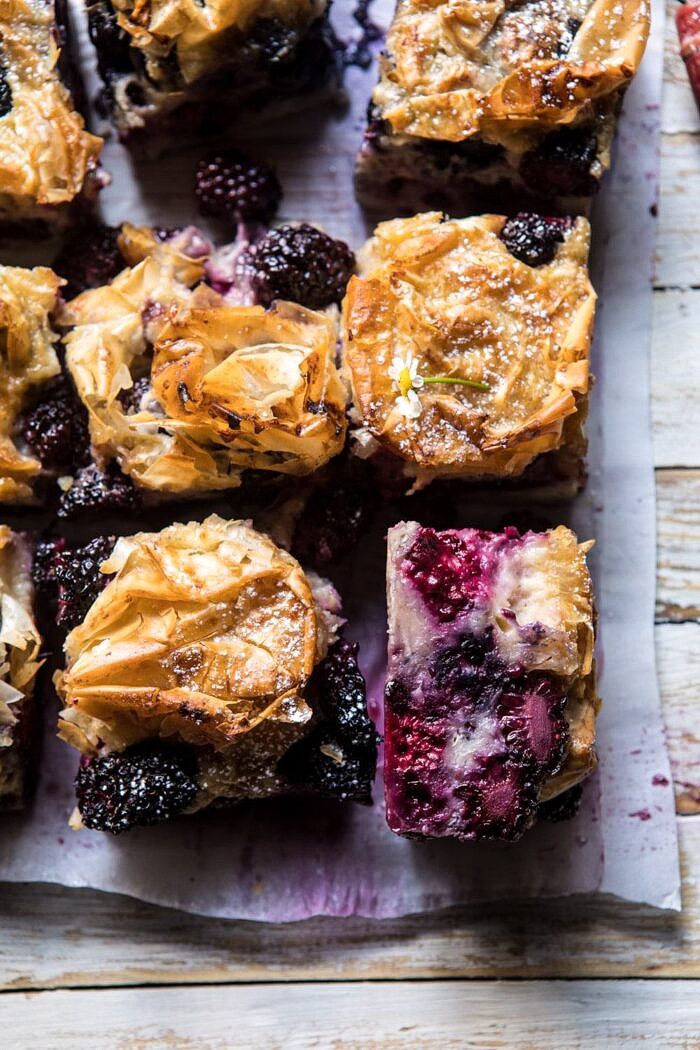 close up photo of Blackberry Ruffled Milk Pie 