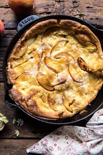 Browned Butter Cinnamon Peach Dutch Baby | halfbakedharvest.com #breakfast #brunch #peaches #peach #summer #pancake #easy