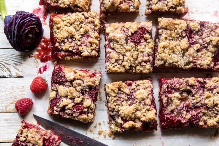Buttery Raspberry Crumble Bars | halfbakedharvest.com #raspberry #dessert #summer #backtoschool #easyrecipes overhead horizontal photo of Buttery Raspberry Crumble Bars