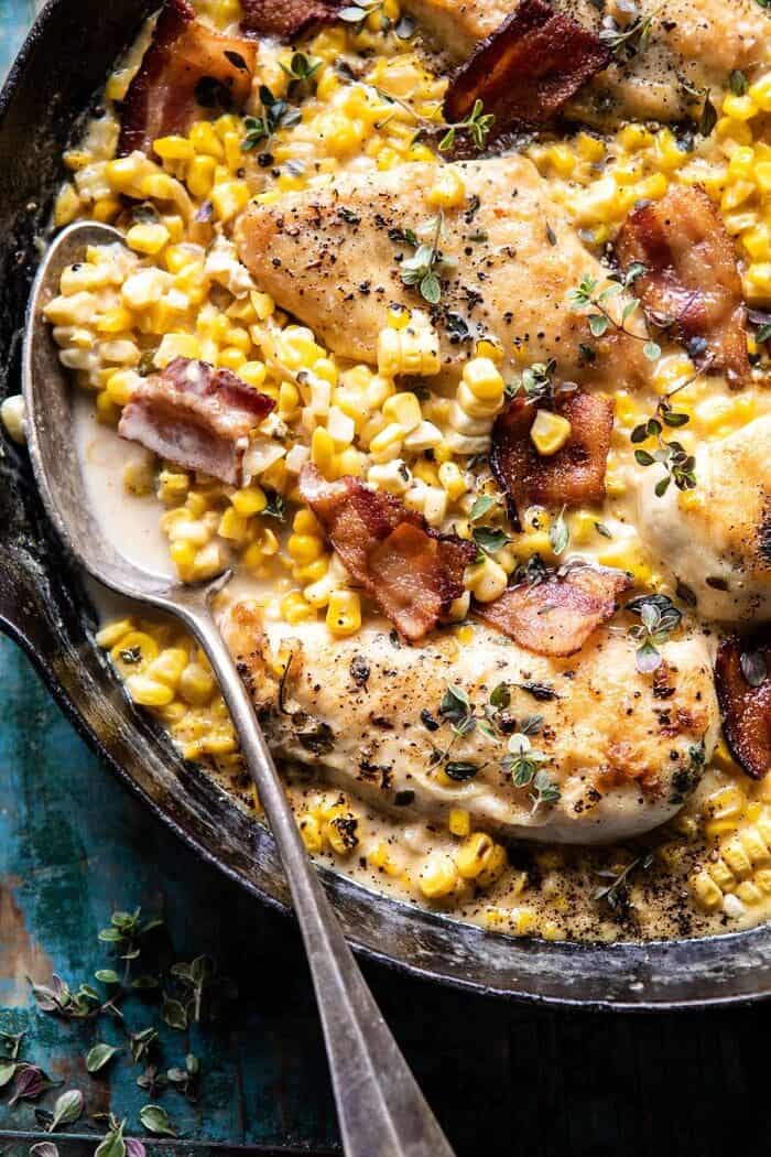 Garlic Butter Creamed Corn Chicken | halfbakedharvest.com #chicken #corn #summer #easy #dinner Garlic Butter Creamed Corn Chicken