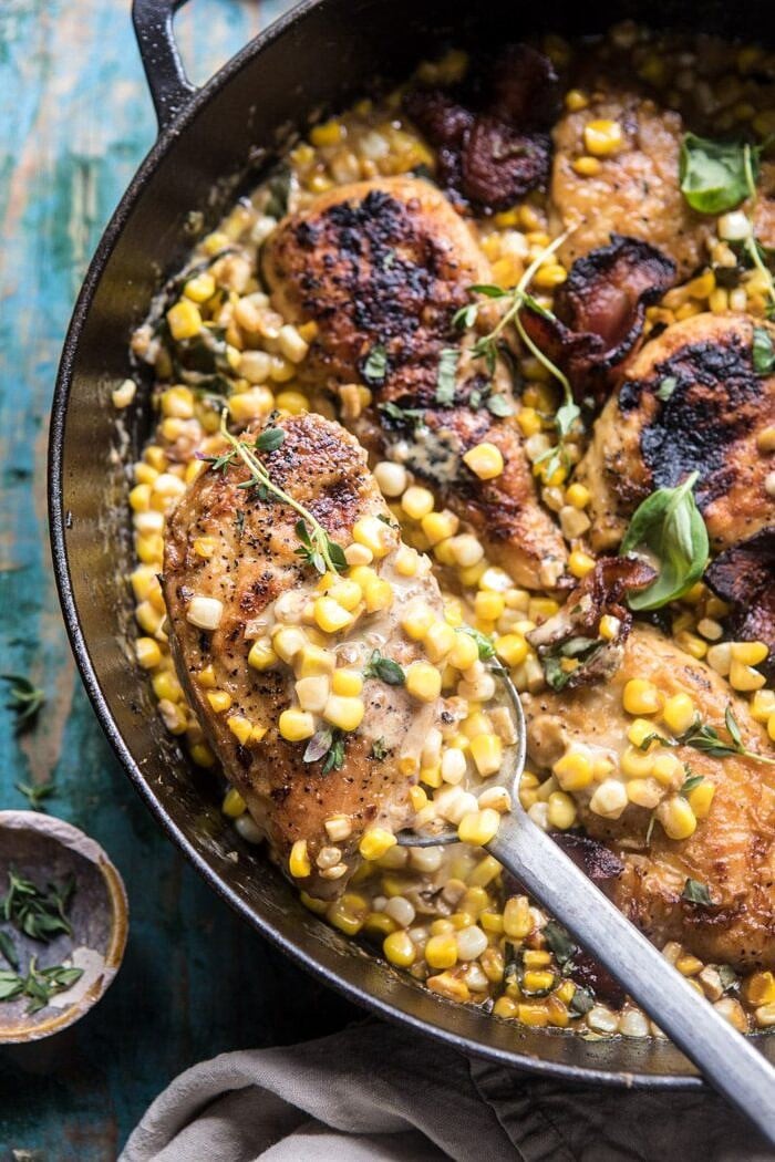 Garlic Butter Creamed Corn Chicken | halfbakedharvest.com #chicken #corn #summer #easy #dinner