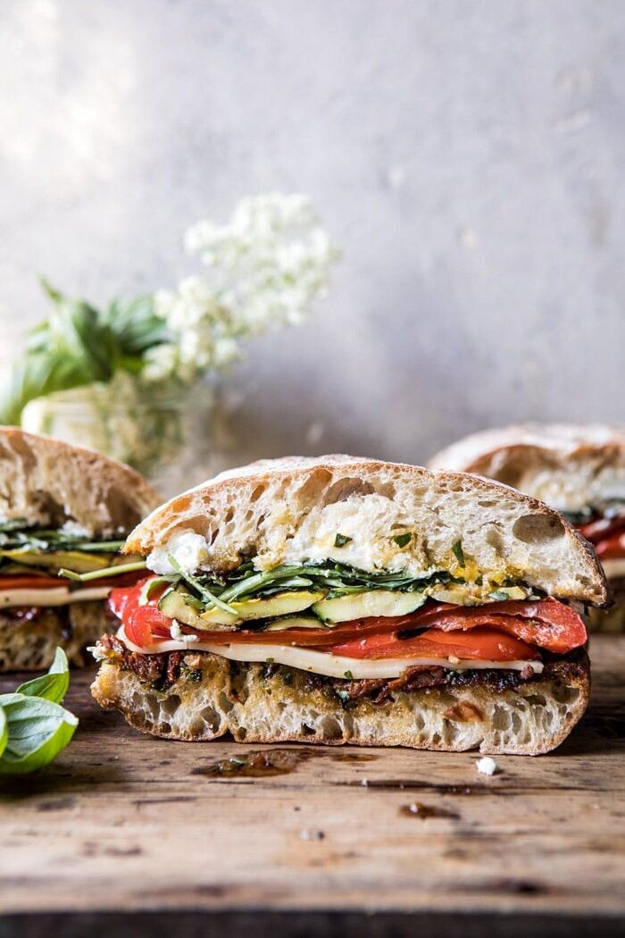 Marinated Veggie Cheese Sandwich with Sun-Dried Tomato Pesto | halfbakedharvest.com #easyrecipe #summer #sandwhich #healthyrecipes #dinner #easy #lunch