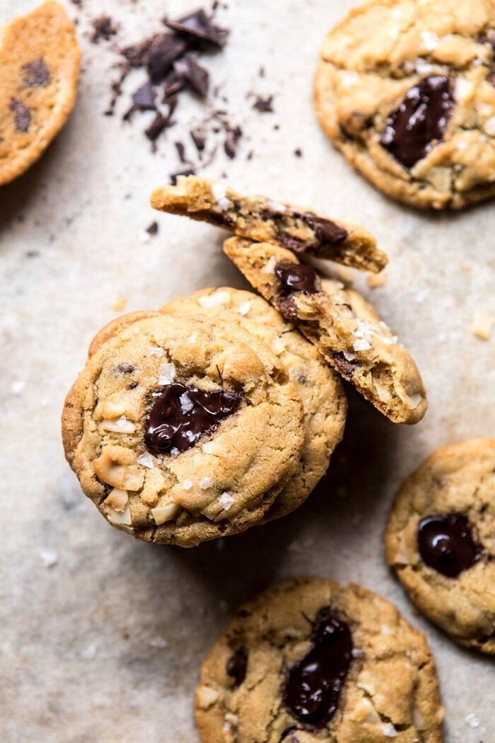 overhead photo of stacked Browned Butter Coconut Chocolate Chip Cookies
