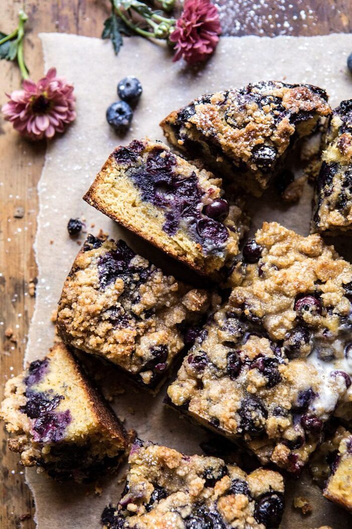 Bursting Blueberry Cardamom Buckle | halfbakedharvest.com #blueberry #cake #summerrecipes #easyrecipes #dessert overhead close up photo of Bursting Blueberry Cardamom Buckle