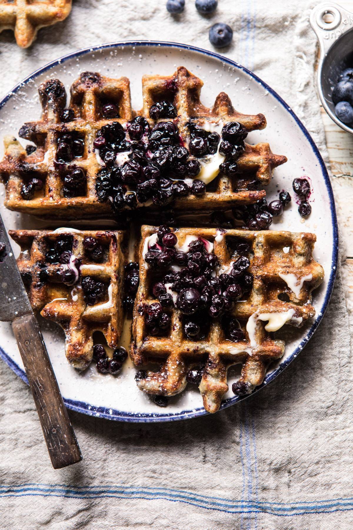 Bursting Blueberry Cornmeal Waffles | halfbakedharvest.com #waffles #quick #easy #breakfast #brunch #blueberries
