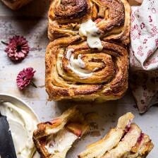 Flaky Pull Apart Cinnamon Peach Brioche Bread | halfbakedharvest.com #bread #brunch #breakfast #peaches #summer #baking