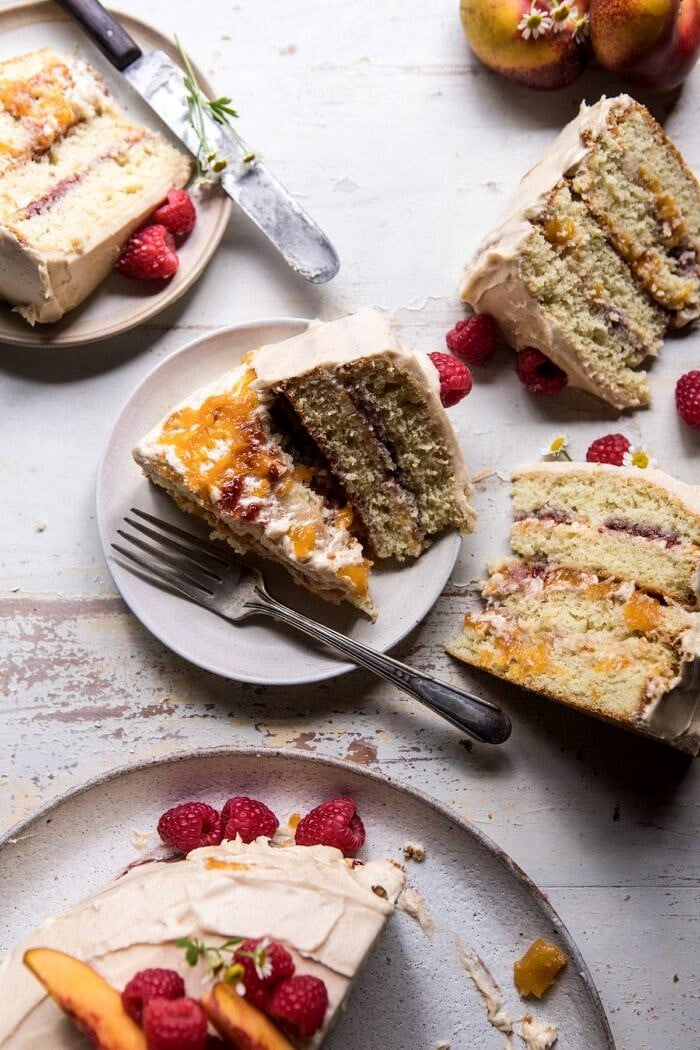 overhead photo of Peach Ricotta Layer Cake slices