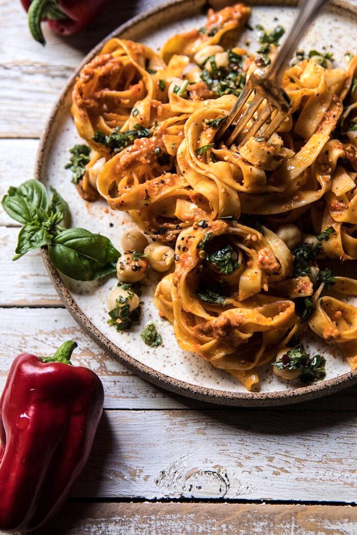 Roasted Red Pepper Pasta with White Beans and Basil | halfbakedharvest.com #pasta #easy #simple #vegan