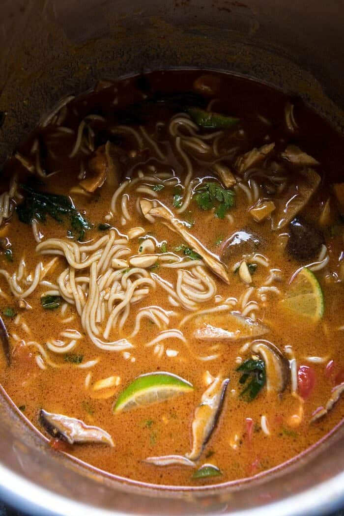 20 Minute Thai Peanut Chicken Ramen in instant pot bowl 