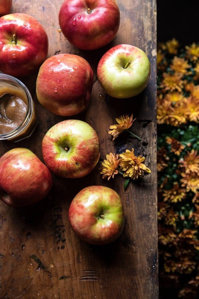 Double the Streusel Apple Butter Bars | halfbakedharvest.com #apples #fallrecipes #applebutter #applebars raw apples with flowers in photos