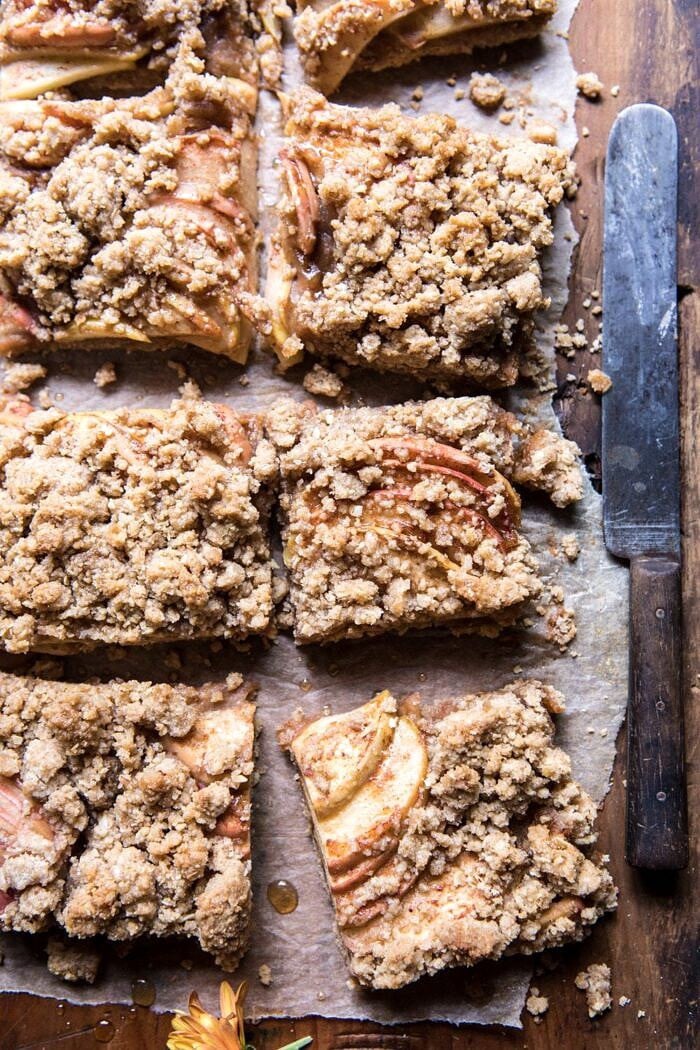 Double the Streusel Apple Butter Bars | halfbakedharvest.com #apples #fallrecipes #applebutter #applebars overhead close up photo of Double the Streusel Apple Butter Bars