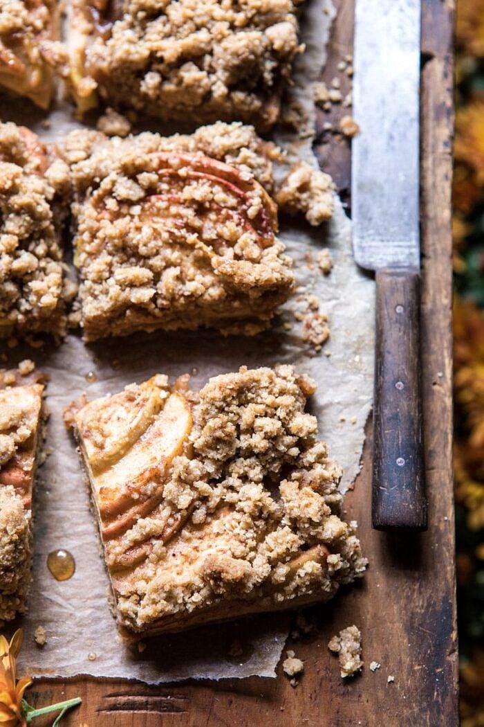 Double the Streusel Apple Butter Bars | halfbakedharvest.com #apples #fallrecipes #applebutter #applebars 3 quarters angled photo of Double the Streusel Apple Butter Bars