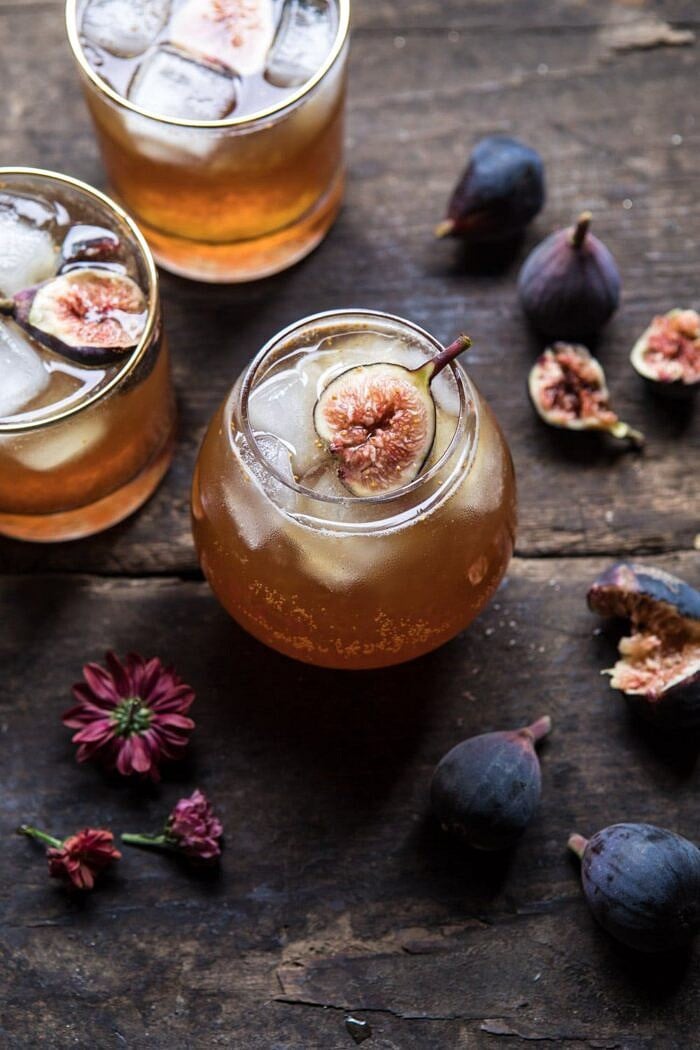 Fig Bourbon Cider Smash | halfbakedharvest.com #cocktial #drink #figs #bourbon #fallrecipes #autumn overhead photo of Fig Bourbon Cider Smash